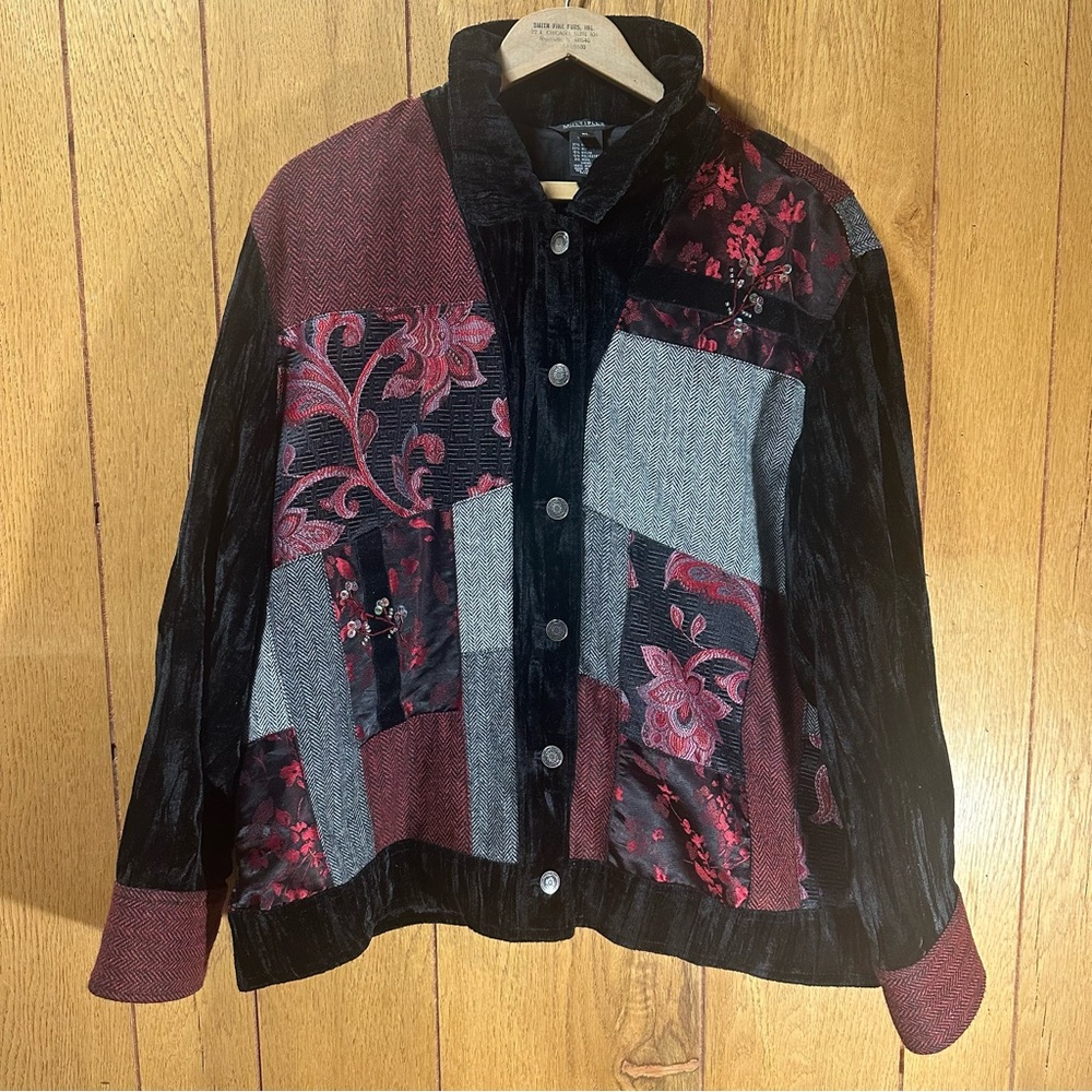 Boho Patchwork Sweater Jacket – Velvet Collar, Embroidered Artwear Cardigan XL